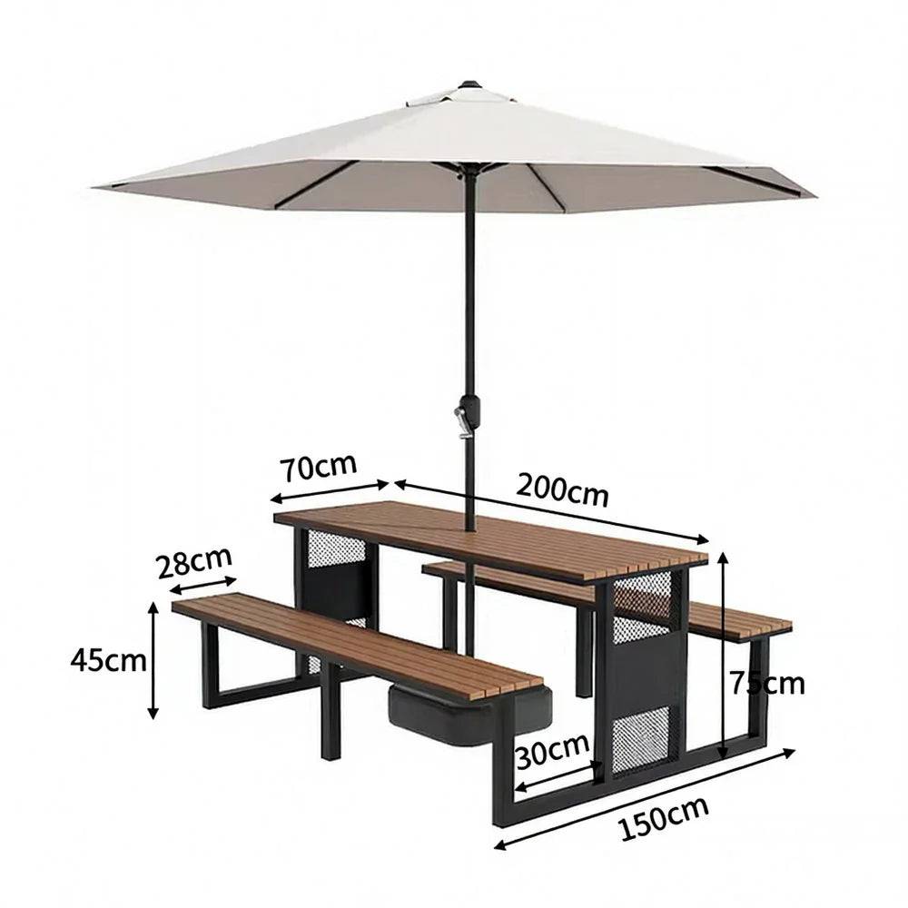 SOLARA 120/160/200cm Outdoor Set Umbrella & Chair Table High-Temp Coated Steel Frame Strong Load-Bearing Waterproof Plastic-Wood Smooth Finish - Black
