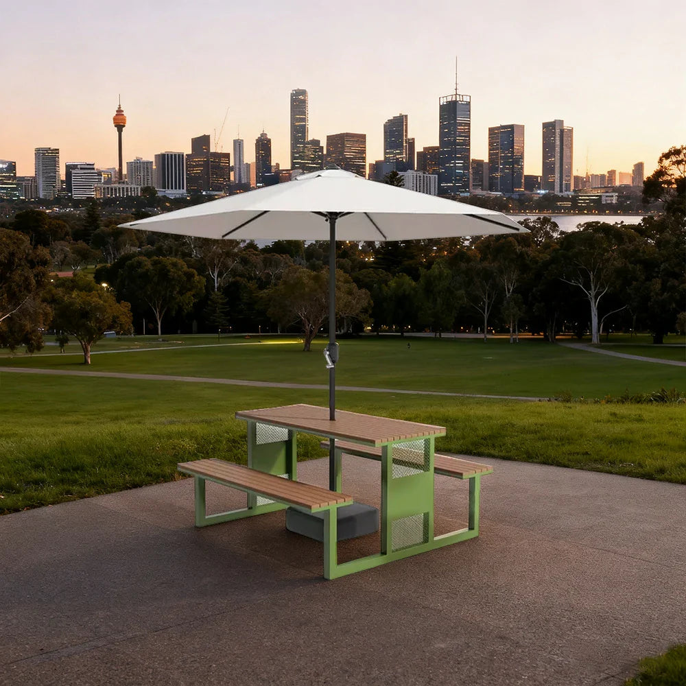 SOLARA 120/160/200cm Outdoor Set Umbrella & Chair Table High-Temp Coated Steel Frame Strong Load-Bearing Waterproof Plastic-Wood Smooth Finish - Green