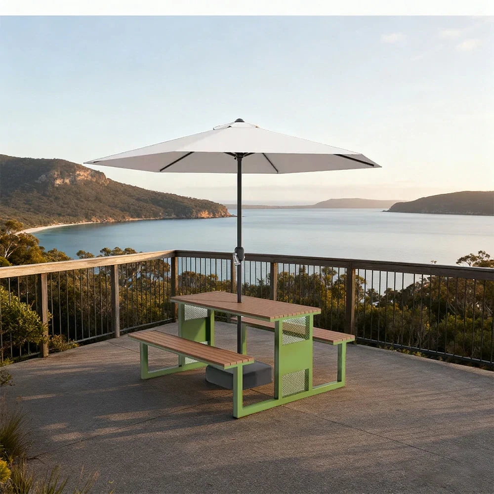 SOLARA 120/160/200cm Outdoor Set Umbrella & Chair Table High-Temp Coated Steel Frame Strong Load-Bearing Waterproof Plastic-Wood Smooth Finish - Green