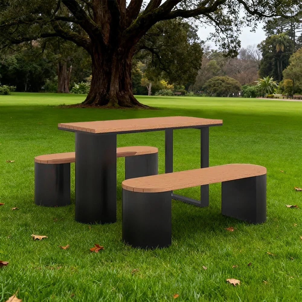 SOLARA 120/140/160cm Outdoor Set Chair & Table Anti-Corrosion Durable Steel Support Thick Plastic-Wood Surface Waterproof Sun-Resistant Design - Black