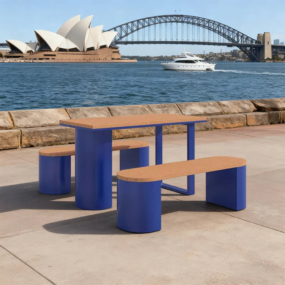 SOLARA Outdoor Set Chair & Table 120/140/160cm Anti-Corrosion Durable Steel Support Thick Plastic-Wood Surface Waterproof Sun-Resistant Design - Blue