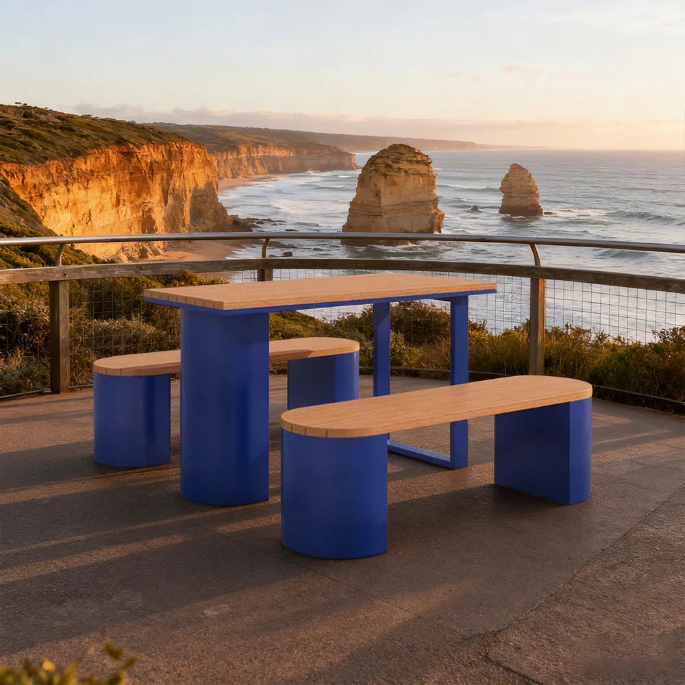 SOLARA Outdoor Set Chair & Table 120/140/160cm Anti-Corrosion Durable Steel Support Thick Plastic-Wood Surface Waterproof Sun-Resistant Design - Blue