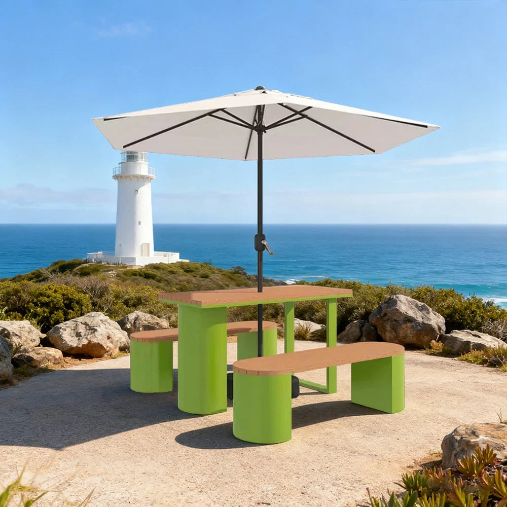 SOLARA Outdoor Set Umbrella & Chair Table, 120/140/160cm Anti-Corrosion Durable Steel Support Thick Plastic-Wood Surface Waterproof Sun-Resistant Design - Green