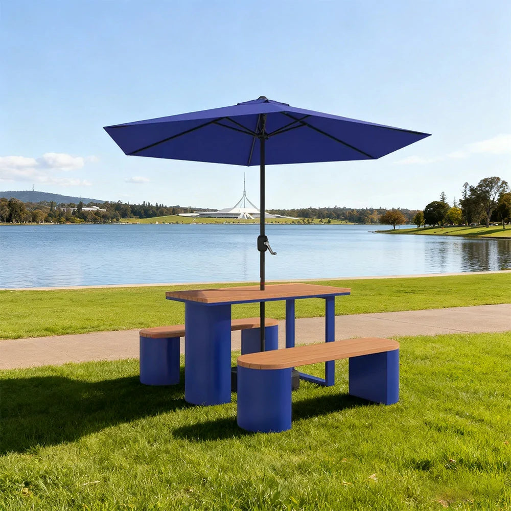 SOLARA Outdoor Set Umbrella & Chair Table, 120/140/160cm Anti-Corrosion Durable Steel Support Thick Plastic-Wood Surface Waterproof Sun-Resistant Design - Blue