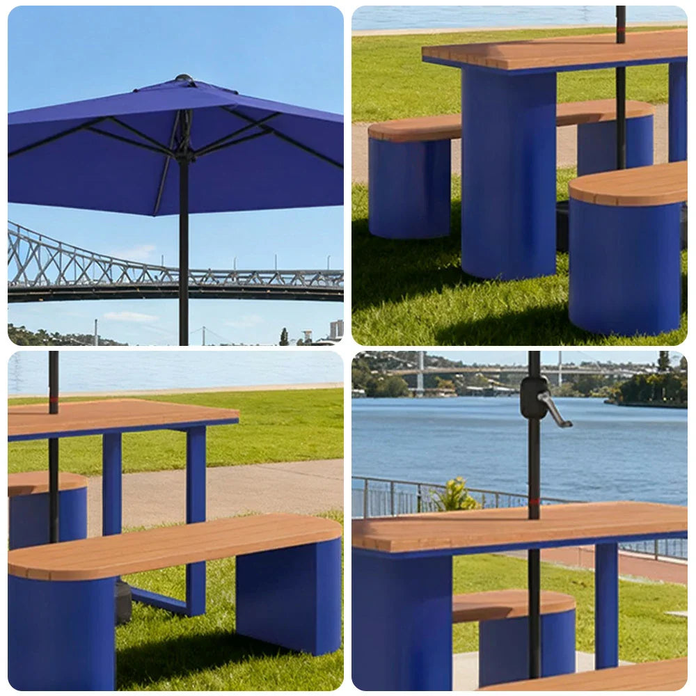 SOLARA Outdoor Set Umbrella & Chair Table, 120/140/160cm Anti-Corrosion Durable Steel Support Thick Plastic-Wood Surface Waterproof Sun-Resistant Design - Blue