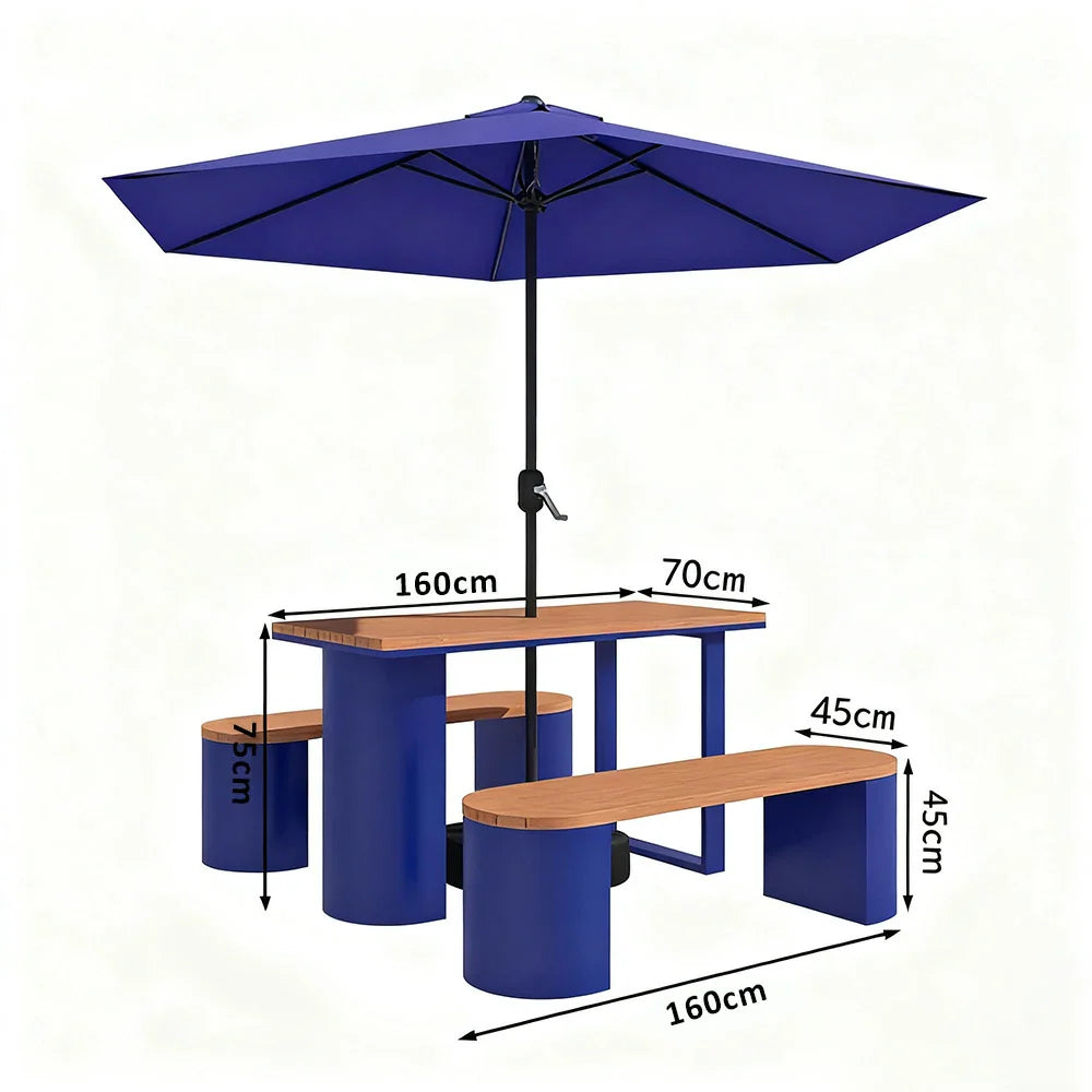 SOLARA Outdoor Set Umbrella & Chair Table, 120/140/160cm Anti-Corrosion Durable Steel Support Thick Plastic-Wood Surface Waterproof Sun-Resistant Design - Blue