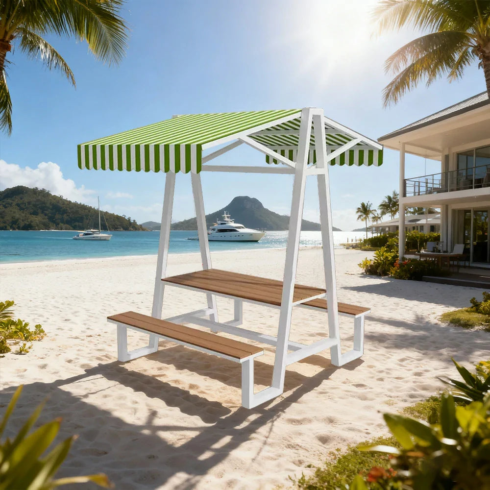 SOLARA 120/160/200cm Outdoor Set Table Canopy Waterproof Sunproof Thick Canopy Metal Frame High-Temp Coated Anti-Rust Stability - White&Green