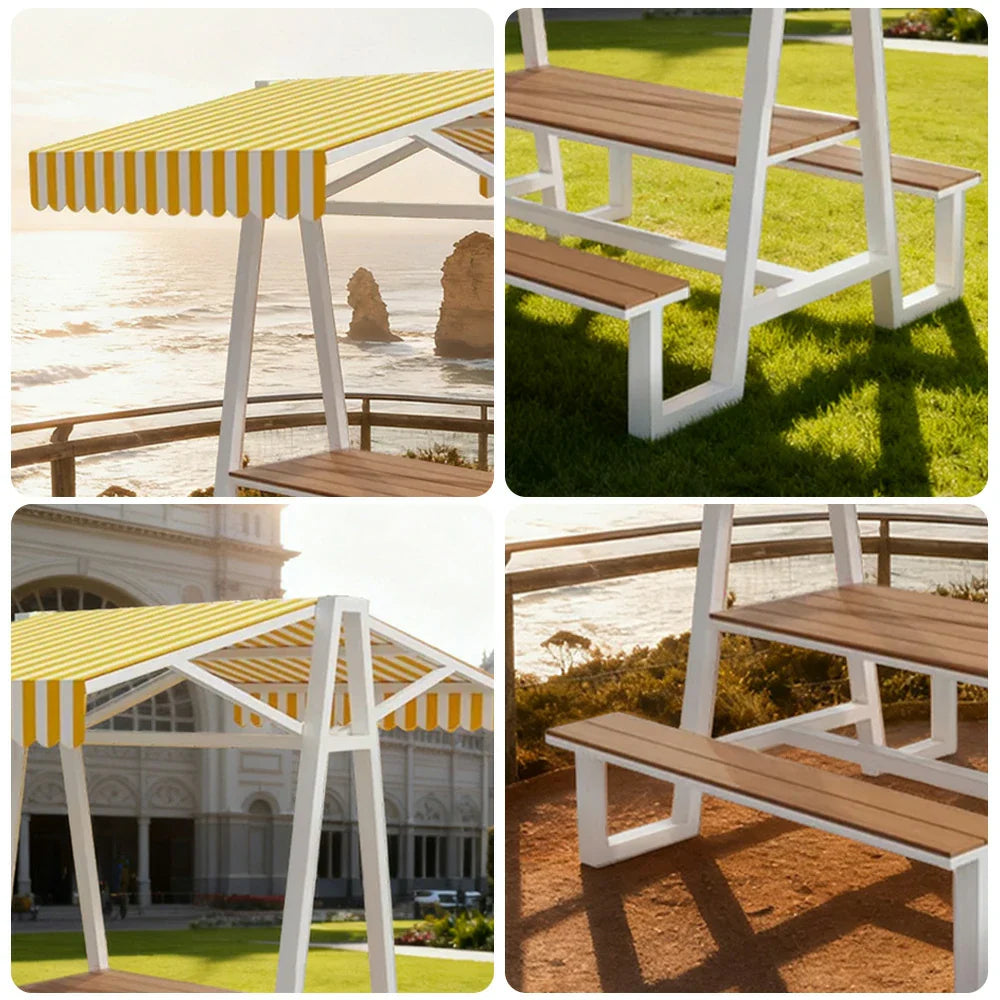 SOLARA 120/160/200cm Outdoor Set Table Canopy Waterproof Sunproof Thick Canopy Metal Frame High-Temp Coated Anti-Rust Stability - White&Yellow