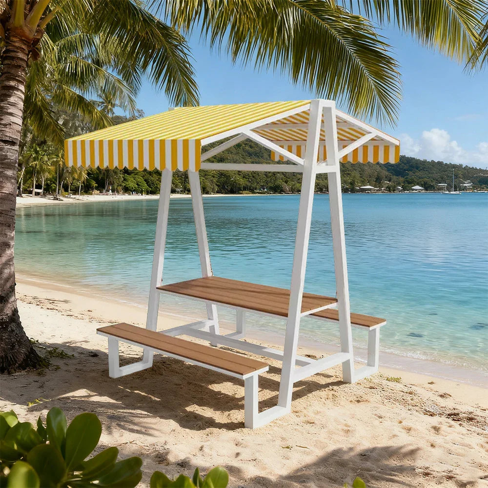 SOLARA 120/160/200cm Outdoor Set Table Canopy Waterproof Sunproof Thick Canopy Metal Frame High-Temp Coated Anti-Rust Stability - White&Yellow