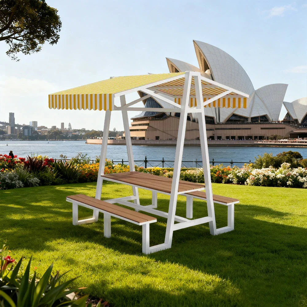 SOLARA 120/160/200cm Outdoor Set Table Canopy Waterproof Sunproof Thick Canopy Metal Frame High-Temp Coated Anti-Rust Stability - White&Yellow