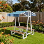 SOLARA 120/160/200cm Outdoor Set Table Canopy Waterproof Sunproof Thick Canopy Metal Frame High-Temp Coated Anti-Rust Stability - White&Blue