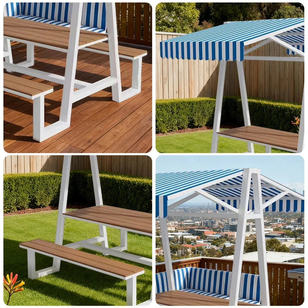 SOLARA 120/160/200cm Outdoor Set Table Canopy Waterproof Sunproof Thick Canopy Metal Frame High-Temp Coated Anti-Rust Stability - White&Blue