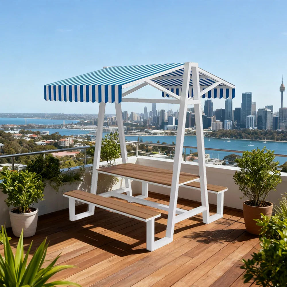 SOLARA 120/160/200cm Outdoor Set Table Canopy Waterproof Sunproof Thick Canopy Metal Frame High-Temp Coated Anti-Rust Stability - White&Blue