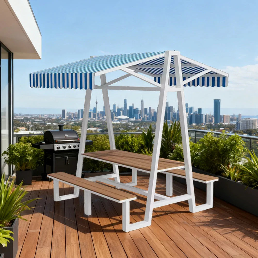 SOLARA 120/160/200cm Outdoor Set Table Canopy Waterproof Sunproof Thick Canopy Metal Frame High-Temp Coated Anti-Rust Stability - White&Blue