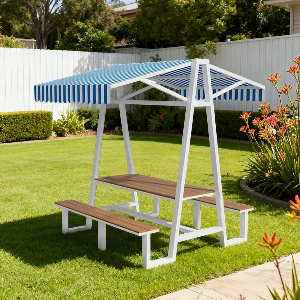SOLARA 120/160/200cm Outdoor Set Table Canopy Waterproof Sunproof Thick Canopy Metal Frame High-Temp Coated Anti-Rust Stability - White&Blue