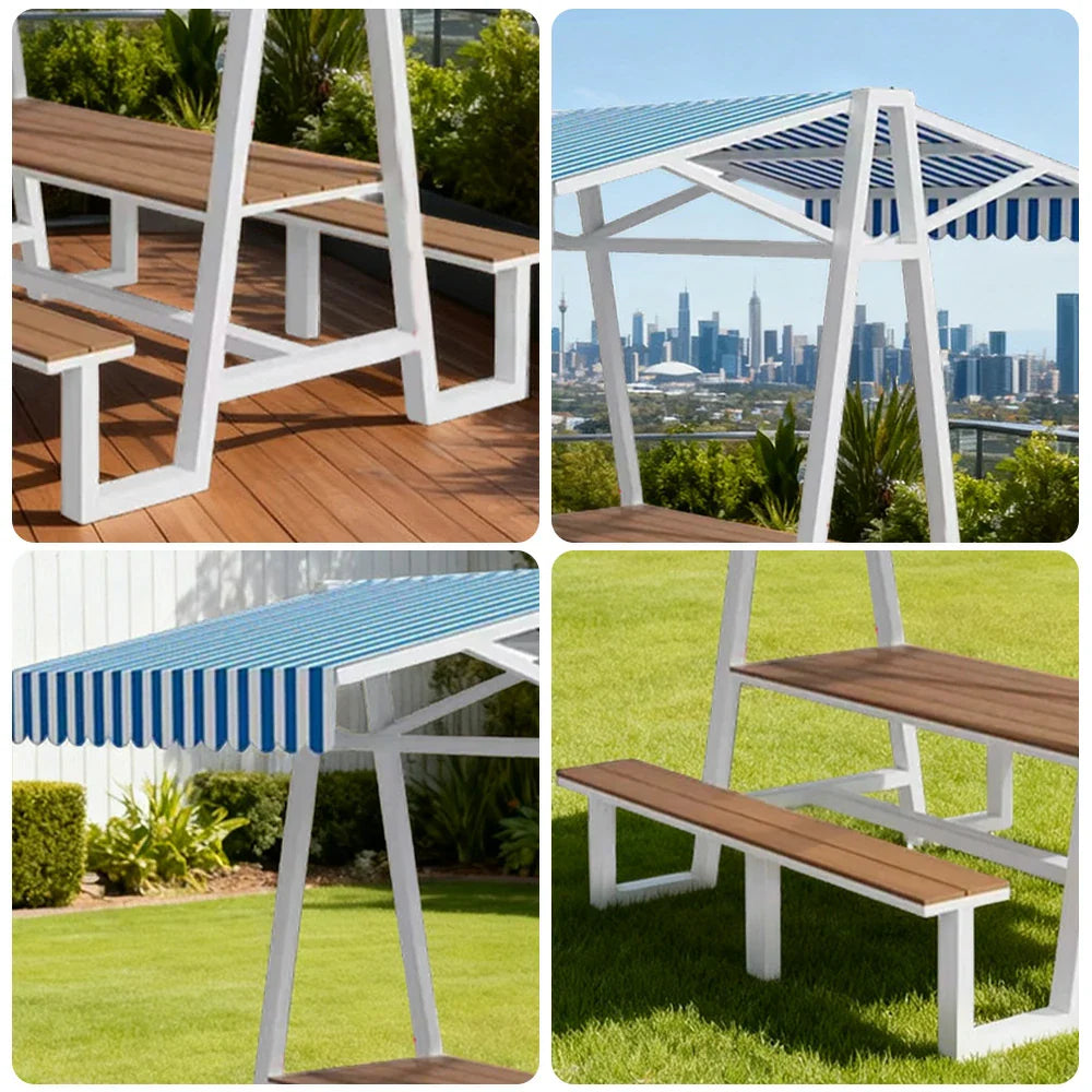 SOLARA 120/160/200cm Outdoor Set Table Canopy Waterproof Sunproof Thick Canopy Metal Frame High-Temp Coated Anti-Rust Stability - White&Blue