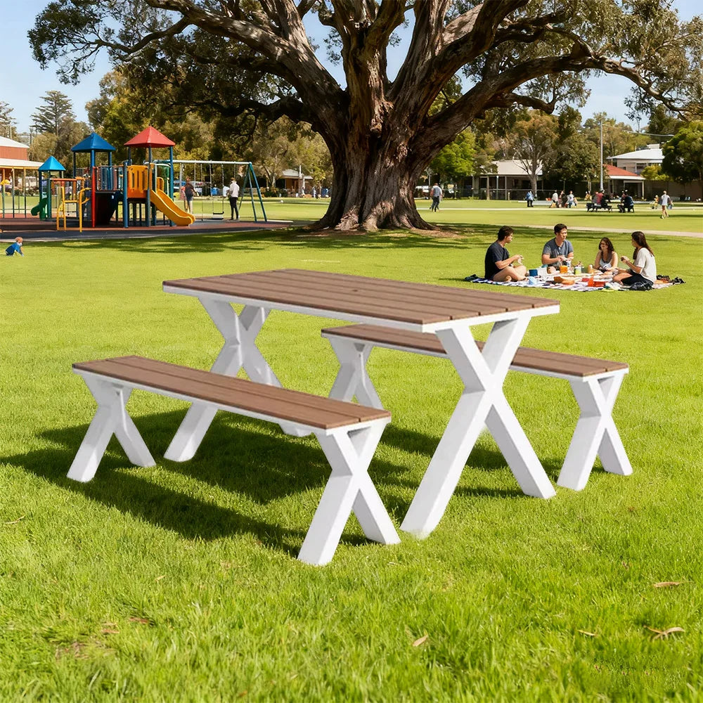 SOLARA 120/160/200cm Outdoor Set Chair & Table Sunproof Waterproof Surface High-Temp Coated Steel Frame Strong Support Anti-Corrosion Design - White