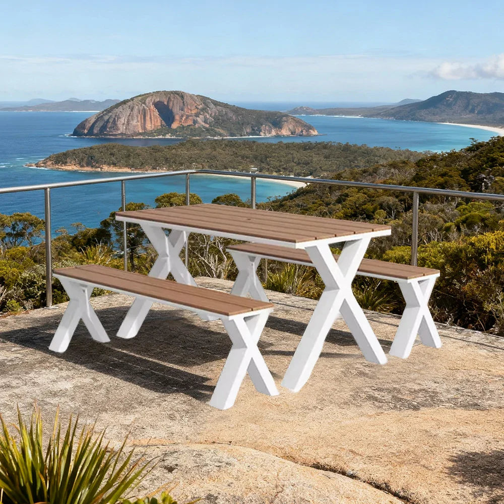 SOLARA 120/160/200cm Outdoor Set Chair & Table Sunproof Waterproof Surface High-Temp Coated Steel Frame Strong Support Anti-Corrosion Design - White