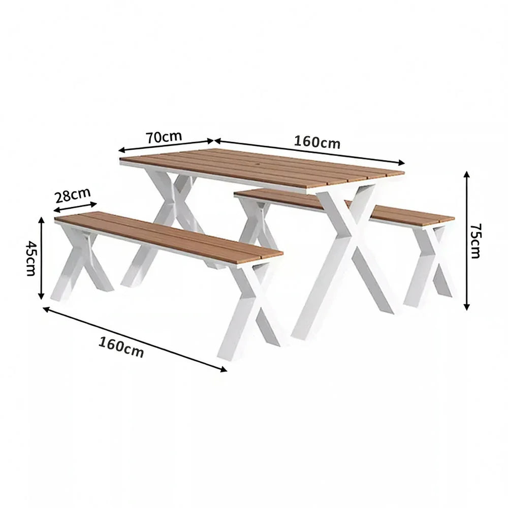 SOLARA 120/160/200cm Outdoor Set Chair & Table Sunproof Waterproof Surface High-Temp Coated Steel Frame Strong Support Anti-Corrosion Design - White