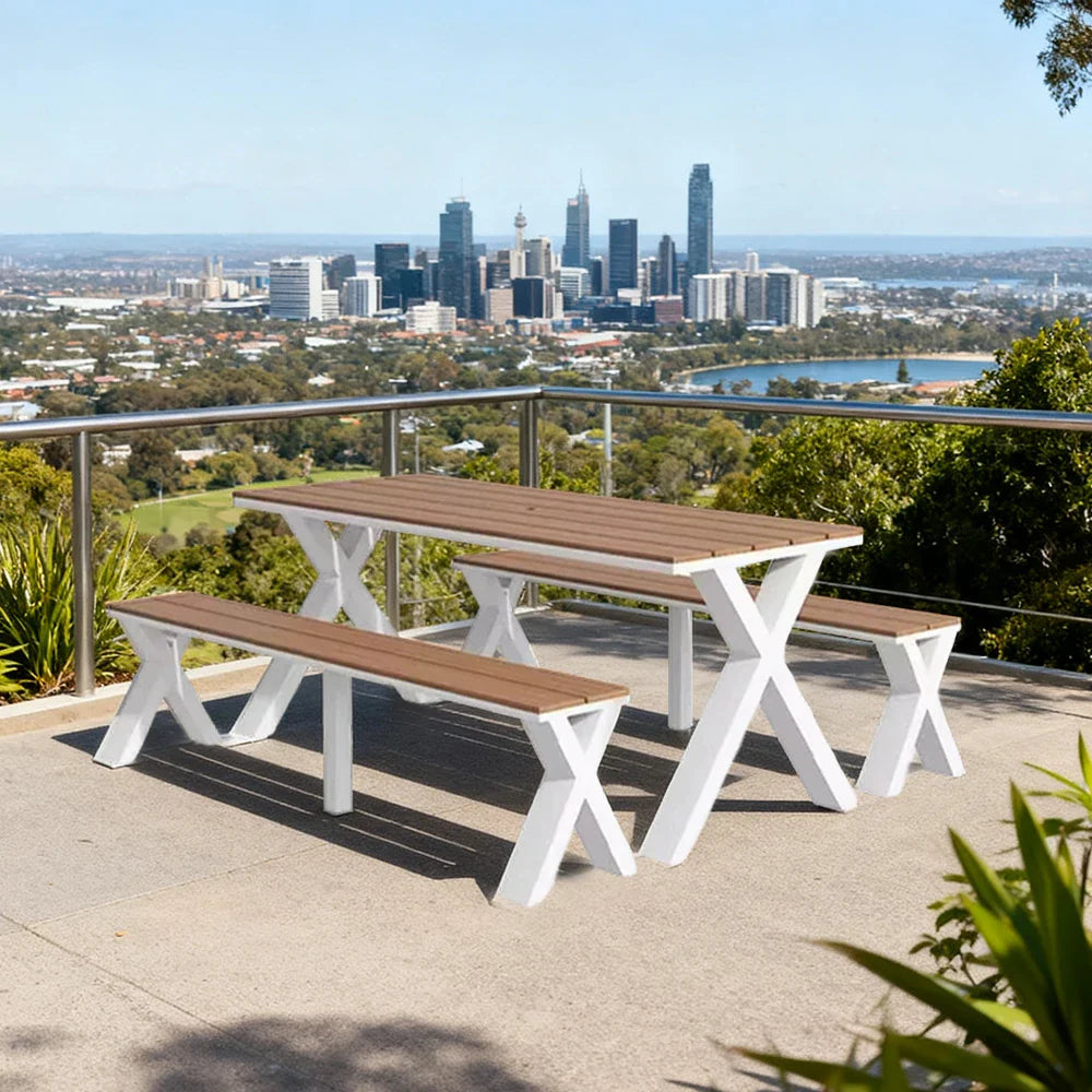 SOLARA 120/160/200cm Outdoor Set Chair & Table Sunproof Waterproof Surface High-Temp Coated Steel Frame Strong Support Anti-Corrosion Design - White