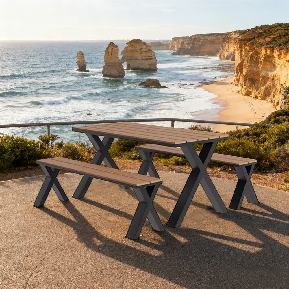 SOLARA 120/160/200cm Outdoor Set Chair & Table Sunproof Waterproof Surface High-Temp Coated Steel Frame Strong Support Anti-Corrosion Design - Black