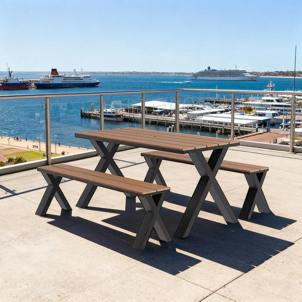 SOLARA 120/160/200cm Outdoor Set Chair & Table Sunproof Waterproof Surface High-Temp Coated Steel Frame Strong Support Anti-Corrosion Design - Black