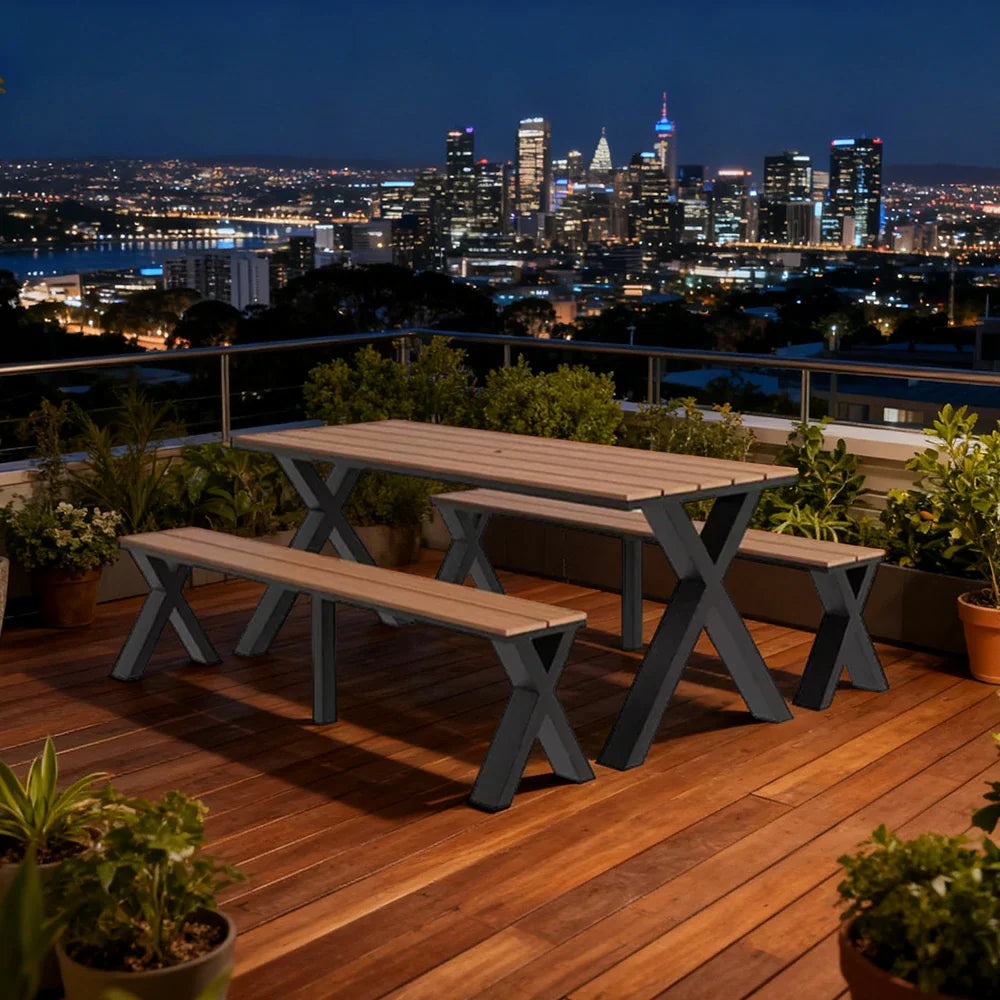 SOLARA 120/160/200cm Outdoor Set Chair & Table Sunproof Waterproof Surface High-Temp Coated Steel Frame Strong Support Anti-Corrosion Design - Black