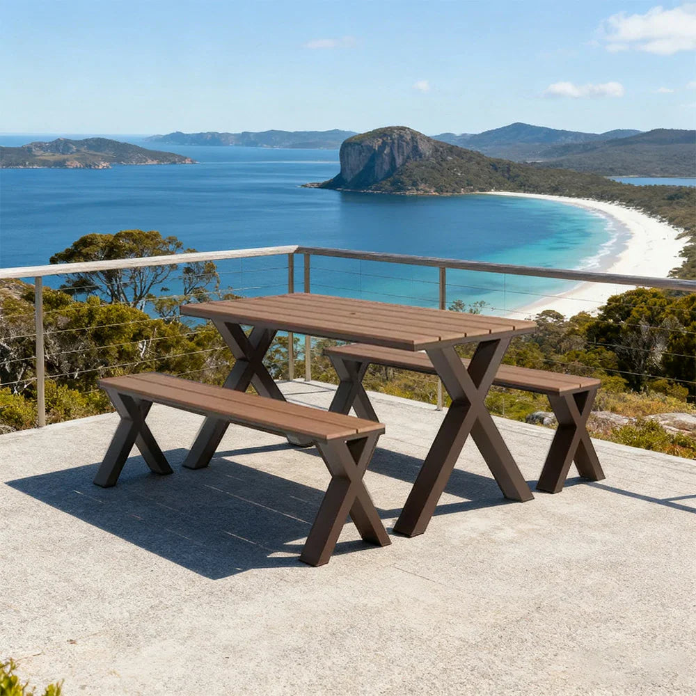 SOLARA 120/160/200cm Outdoor Set Chair & Table Sunproof Waterproof Surface High-Temp Coated Steel Frame Strong Support Anti-Corrosion Design - Brown