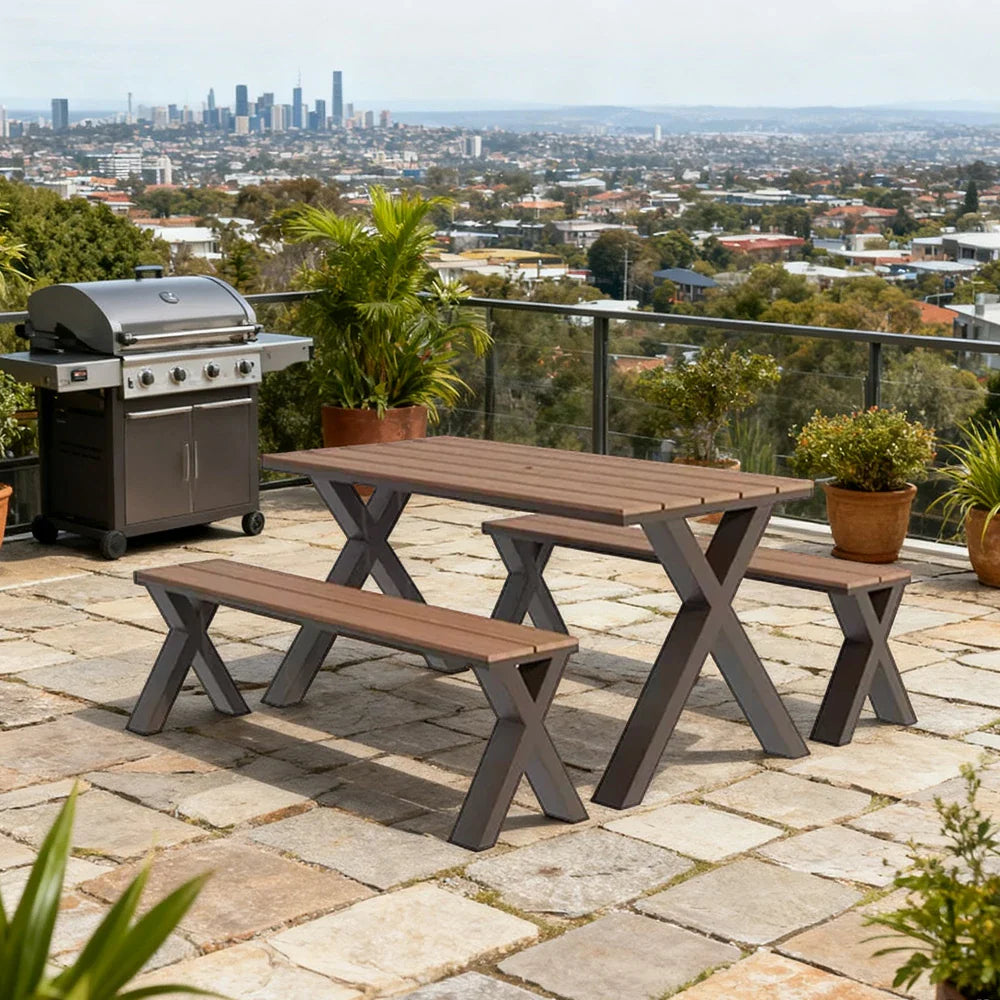 SOLARA 120/160/200cm Outdoor Set Chair & Table Sunproof Waterproof Surface High-Temp Coated Steel Frame Strong Support Anti-Corrosion Design - Brown