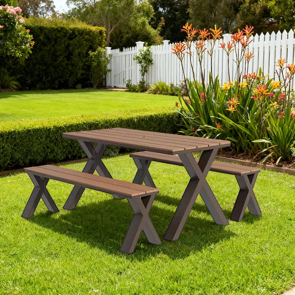 SOLARA 120/160/200cm Outdoor Set Chair & Table Sunproof Waterproof Surface High-Temp Coated Steel Frame Strong Support Anti-Corrosion Design - Brown