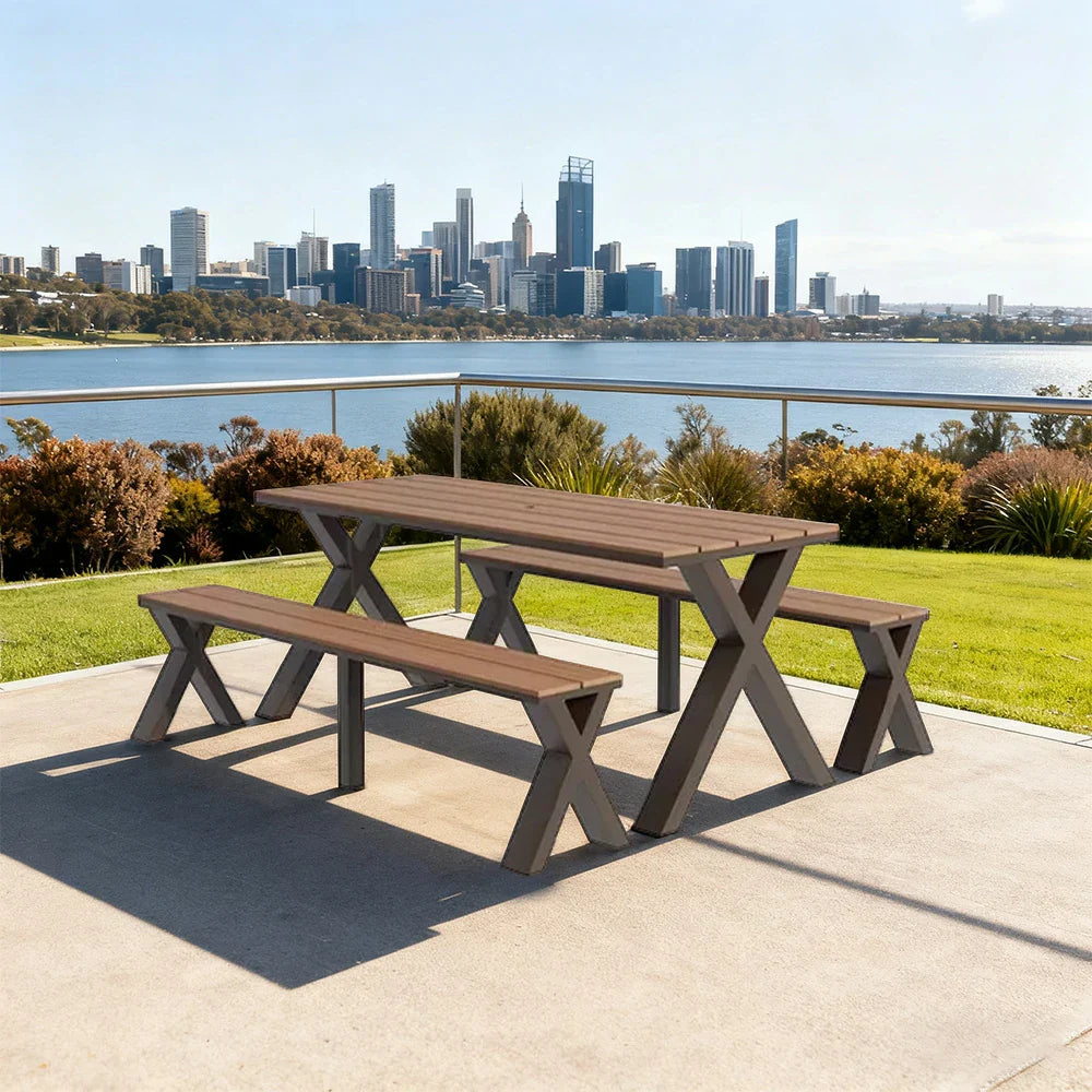 SOLARA 120/160/200cm Outdoor Set Chair & Table Sunproof Waterproof Surface High-Temp Coated Steel Frame Strong Support Anti-Corrosion Design - Brown