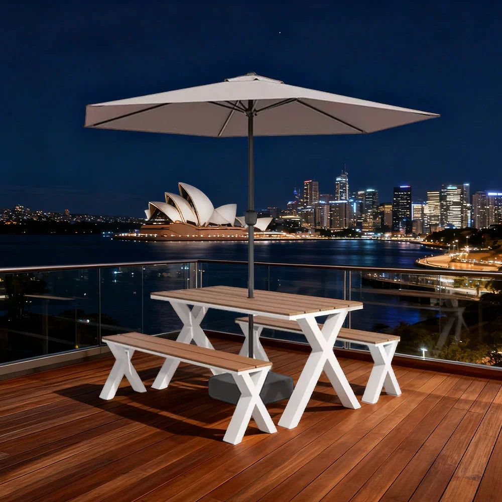 SOLARA 120/160/200cm Outdoor Set Umbrella & Chair Table Sunproof Waterproof Surface High-Temp Coated Steel Frame Strong Support Anti-Corrosion Design - White