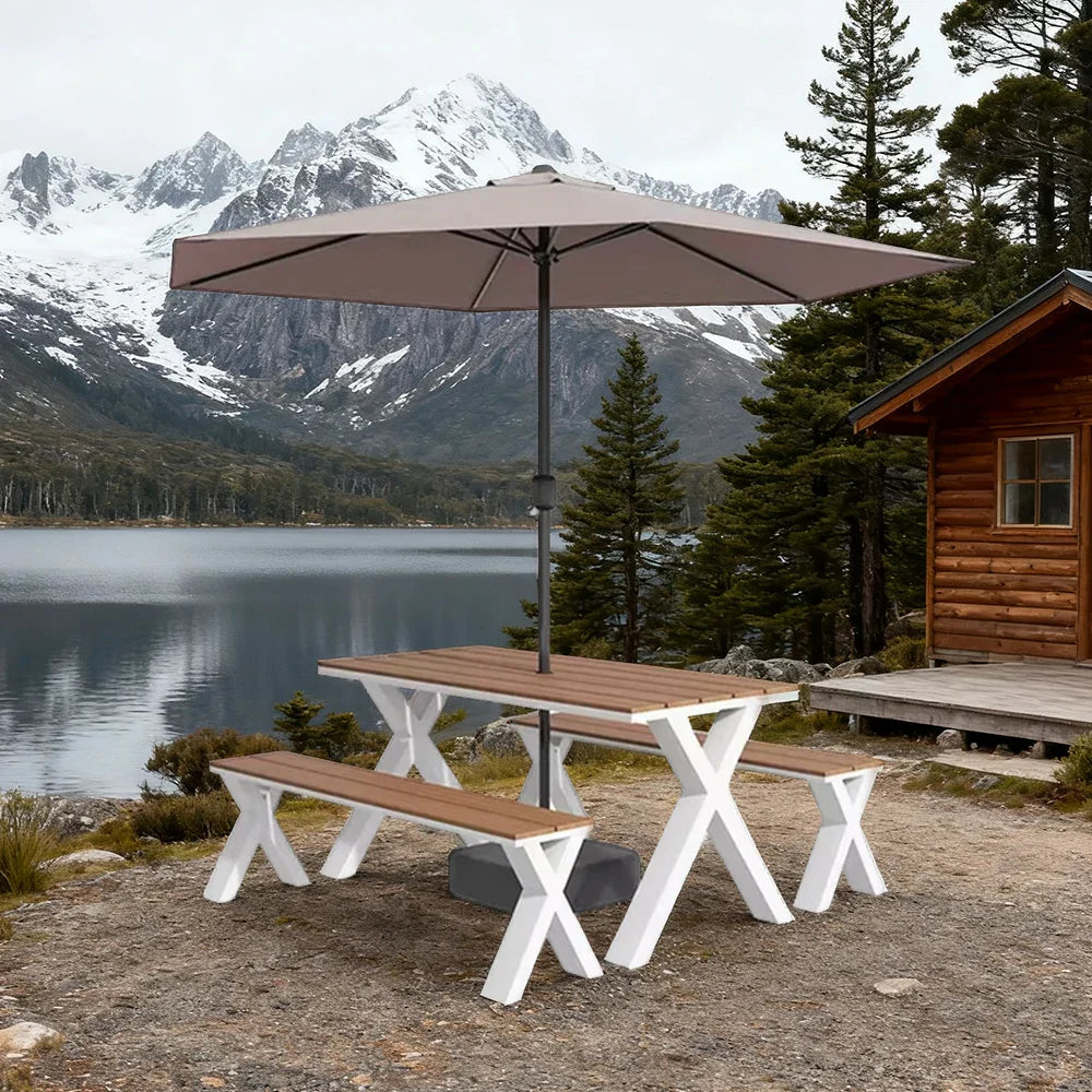 SOLARA 120/160/200cm Outdoor Set Umbrella & Chair Table Sunproof Waterproof Surface High-Temp Coated Steel Frame Strong Support Anti-Corrosion Design - White