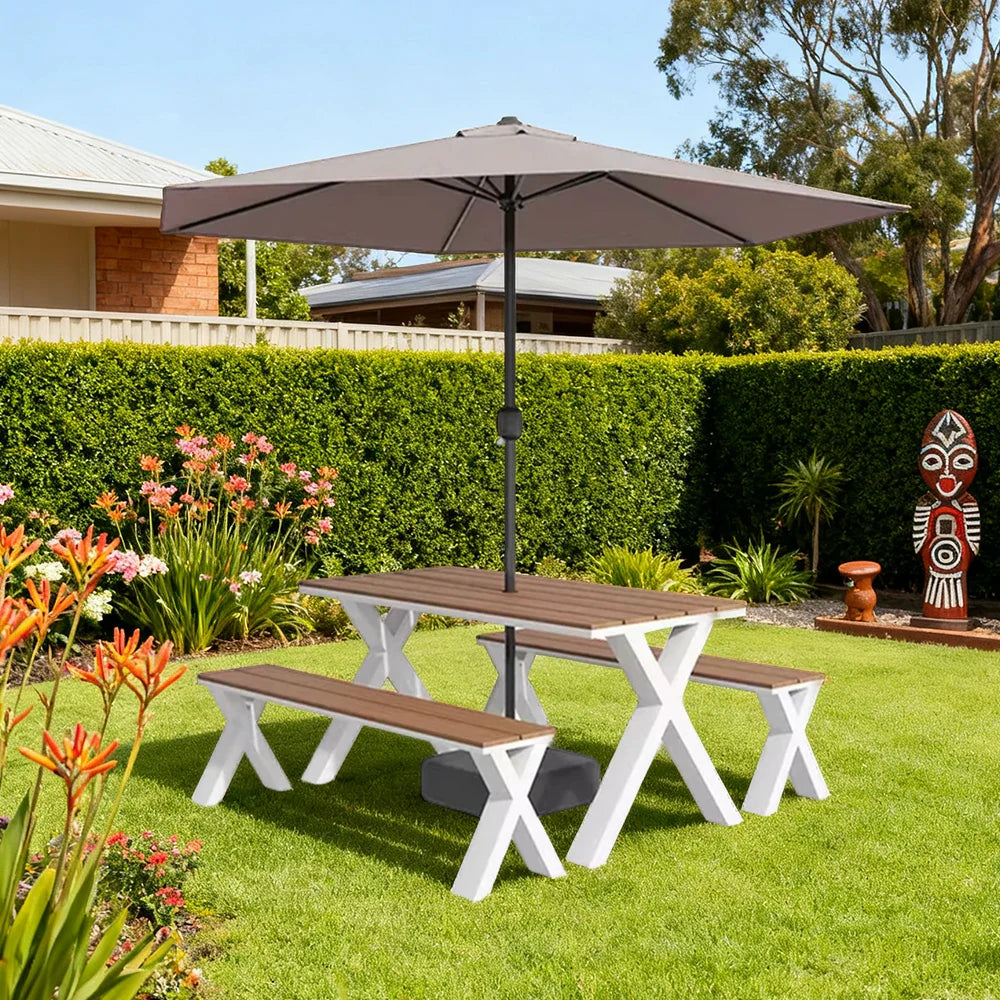 SOLARA 120/160/200cm Outdoor Set Umbrella & Chair Table Sunproof Waterproof Surface High-Temp Coated Steel Frame Strong Support Anti-Corrosion Design - White