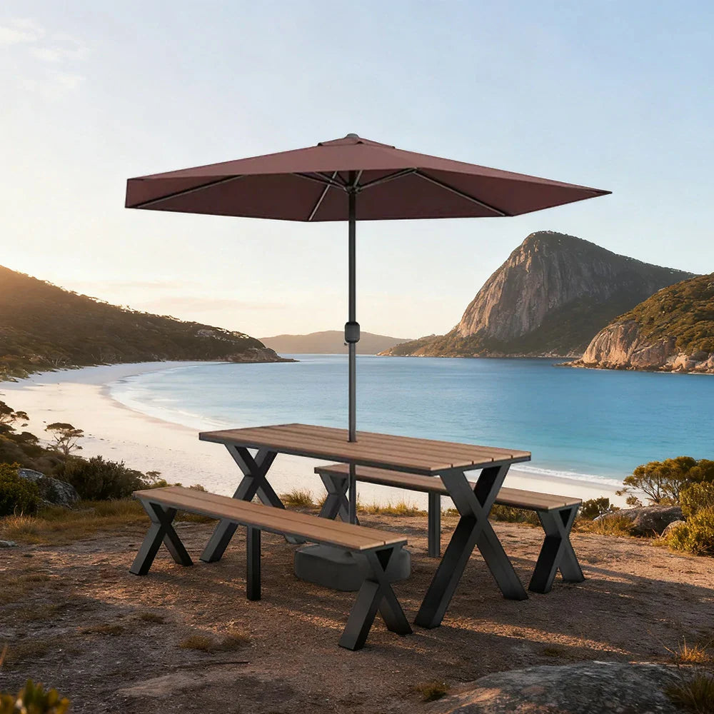 SOLARA 120/160/200cm Outdoor Set Umbrella & Chair Table Sunproof Waterproof Surface High-Temp Coated Steel Frame Strong Support Anti-Corrosion Design - Black