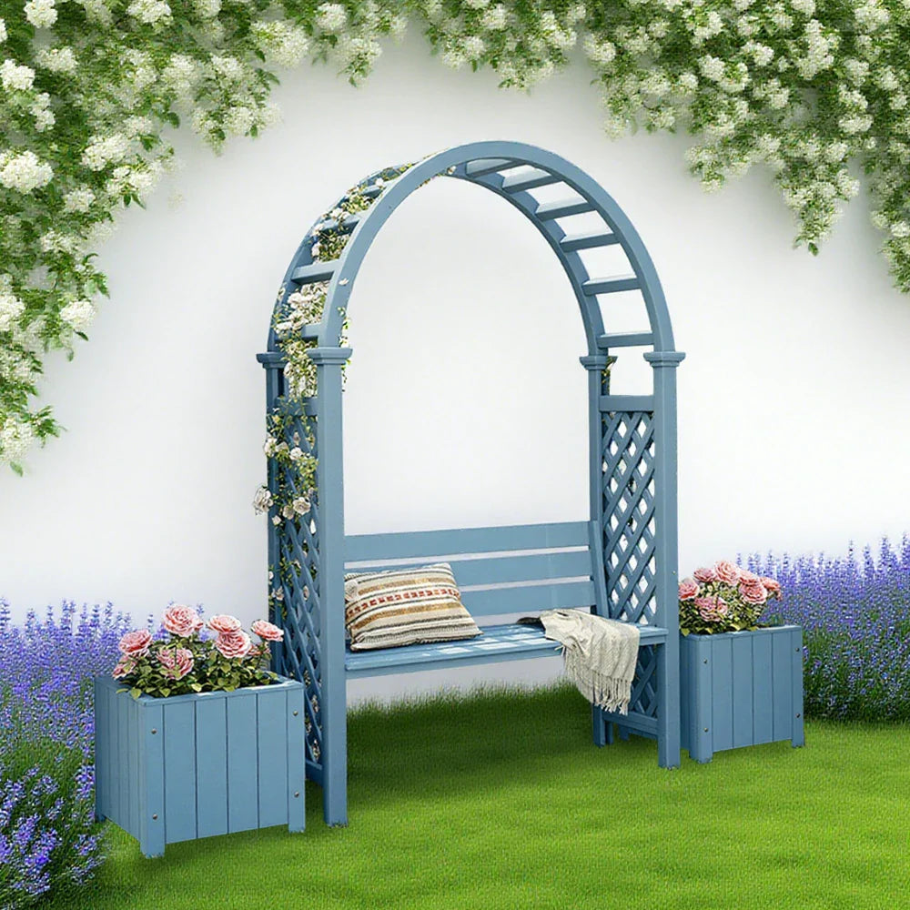 SOLARA Arch Patio Planter Wood 2 - Seat Boxes Outdoor Finnish Garden - with Furniture Solid Blue