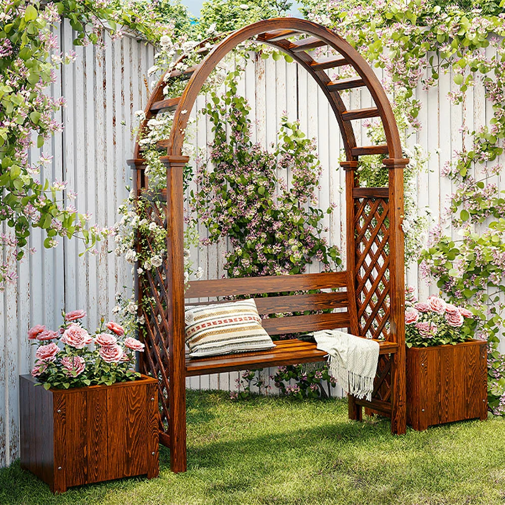 SOLARA Arch Furniture - Boxes Wood Finnish Patio Planter with Solid 2 Outdoor Garden Seat Brown