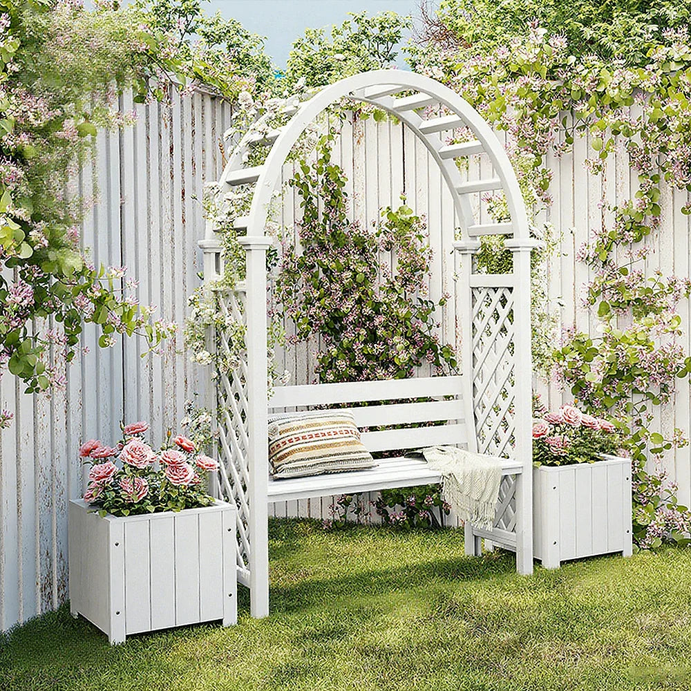 SOLARA Arch Wood Outdoor Patio Furniture 2 Planter - Seat Finnish Solid with Garden Boxes White