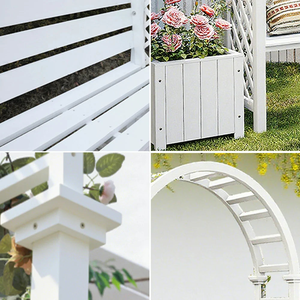 SOLARA Arch Wood Outdoor Patio Furniture 2 Planter - Seat Finnish Solid with Garden Boxes White