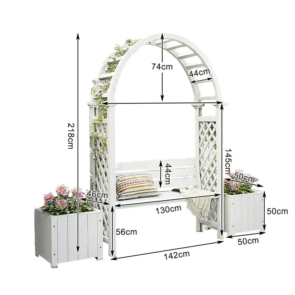 SOLARA Arch Wood Outdoor Patio Furniture 2 Planter - Seat Finnish Solid with Garden Boxes White