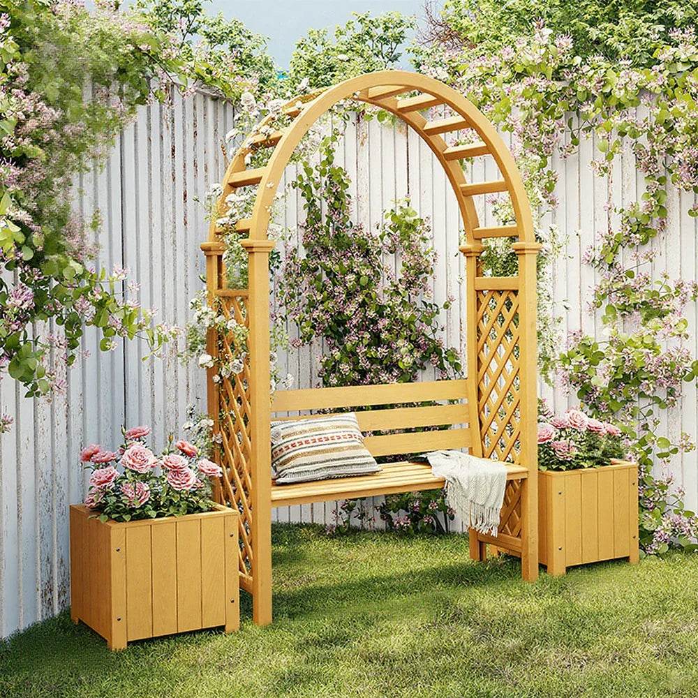 SOLARA Arch with Wood Finnish Furniture Boxes Outdoor Seat 2 - Planter Garden Solid Patio Yellow