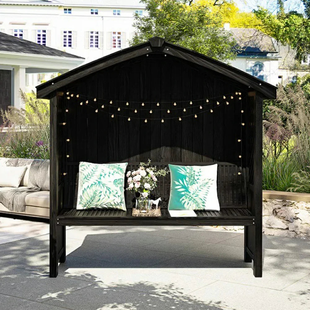 SOLARA Wooden Dual-Drainage with Pergola Solid Roof, Design Patio Twill Wood, Pitched - Finnish Garden Pavilion Outdoor Black
