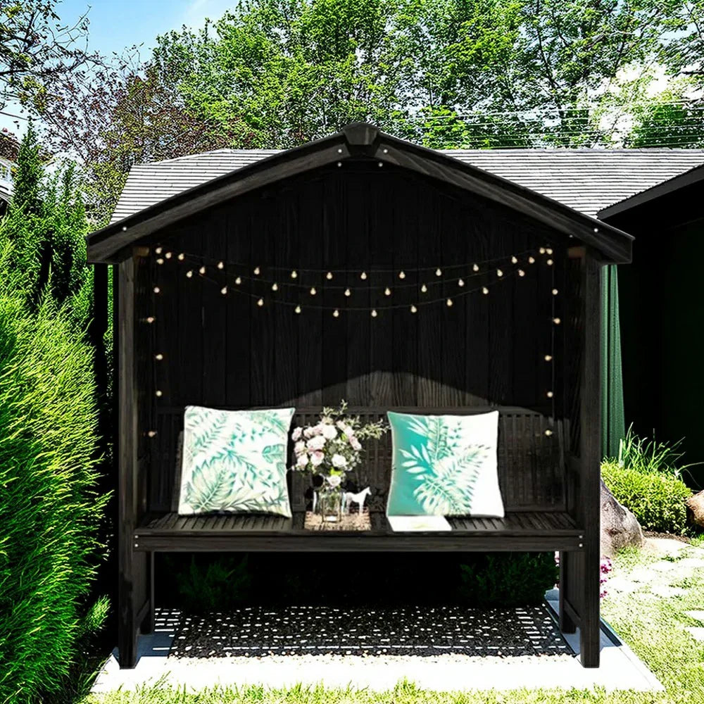 SOLARA Wooden Dual-Drainage with Pergola Solid Roof, Design Patio Twill Wood, Pitched - Finnish Garden Pavilion Outdoor Black