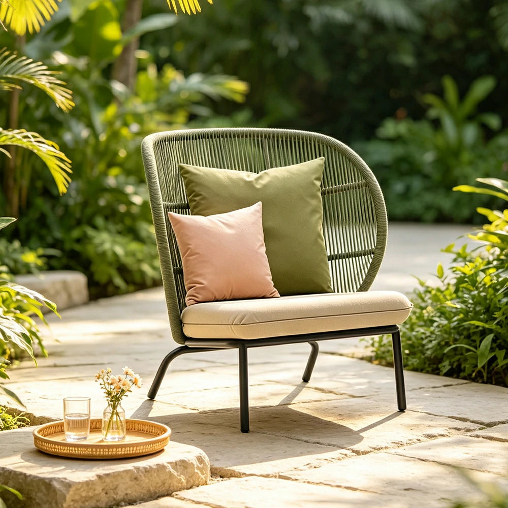 SOLARA Nordic Outdoor Lounge Sofa Curved Backrest Rope Weaving Water Repellent Cushion for Patio Balcony and Garden