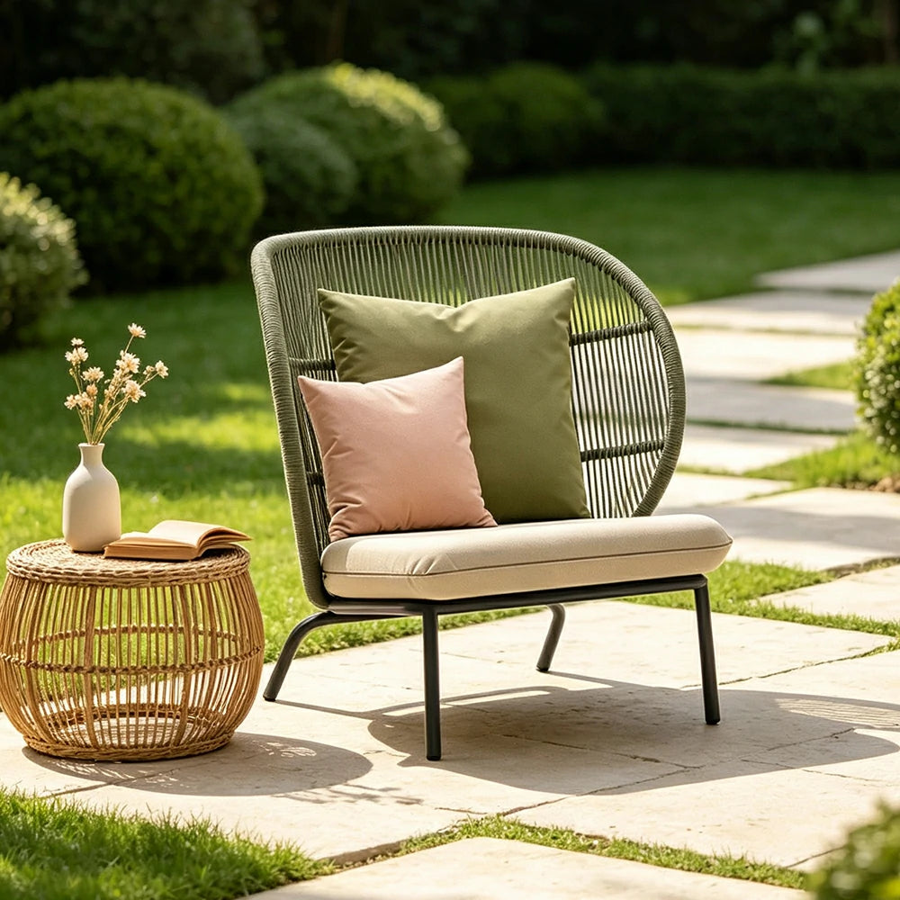 SOLARA Nordic Outdoor Lounge Sofa Curved Backrest Rope Weaving Water Repellent Cushion for Patio Balcony and Garden
