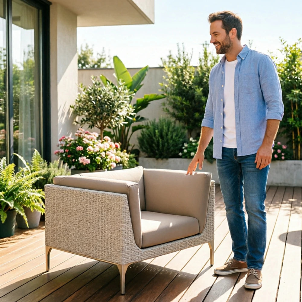 SOLARA Outdoor PE Rattan Lounge Sofa Waterproof Fabric High-Density Cushions for Patio Terrace Garden