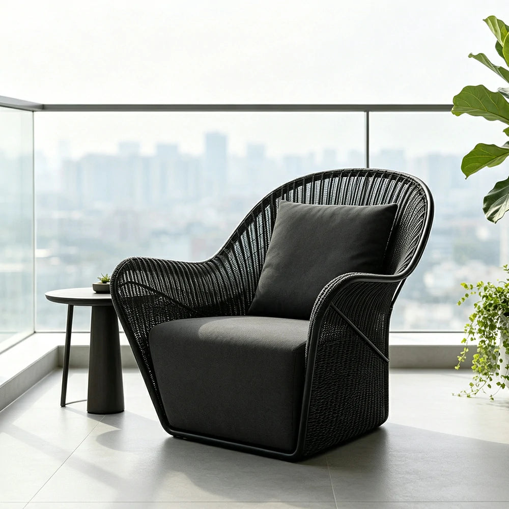 SOLARA Outdoor Woven Lounge Chair High-Rebound Cushion Breathable Backrest for Patio Terrace Indoor Lounge - Black