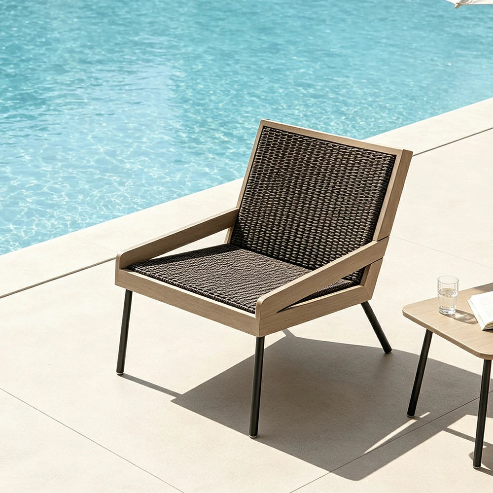 SOLARA Outdoor Rattan Lounge Sofa Waterproof Fabric Aluminium Legs Teak Frame for Patio Terrace Villa