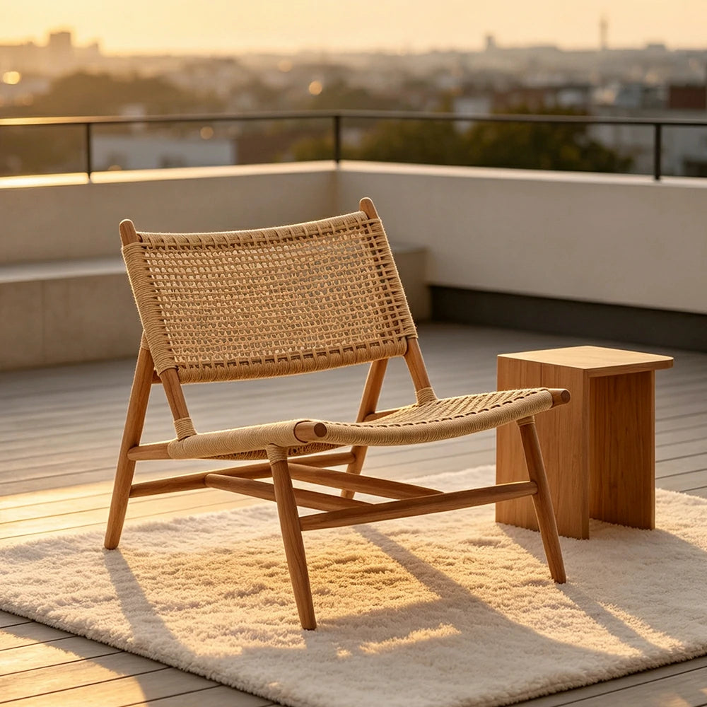 SOLARA Outdoor Teak Lounge Armchair Burmese Teak Polypropylene Rope for Patio Balcony Garden