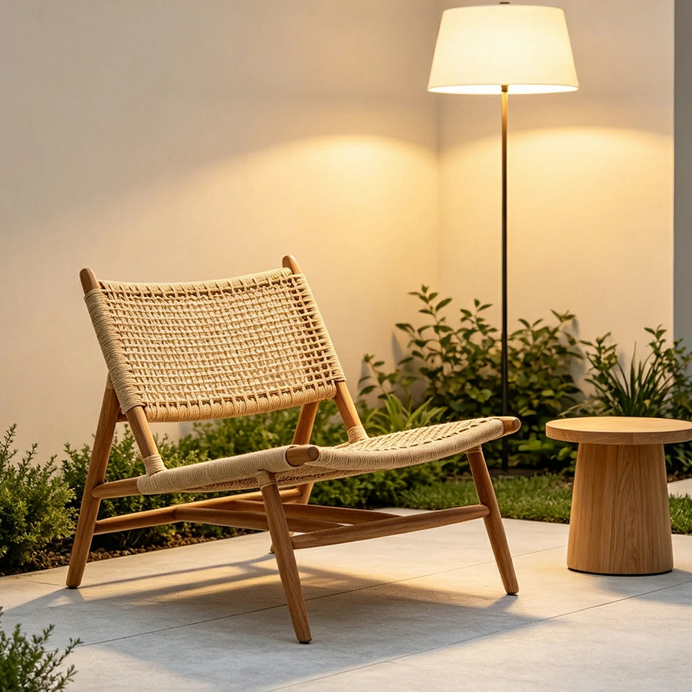 SOLARA Outdoor Teak Lounge Armchair Burmese Teak Polypropylene Rope for Patio Balcony Garden